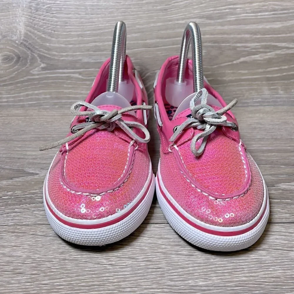 Sperry Top Sider Bahama One Eye Big Girl Sz 5M Pink Sequin Slip On Boat Shoe